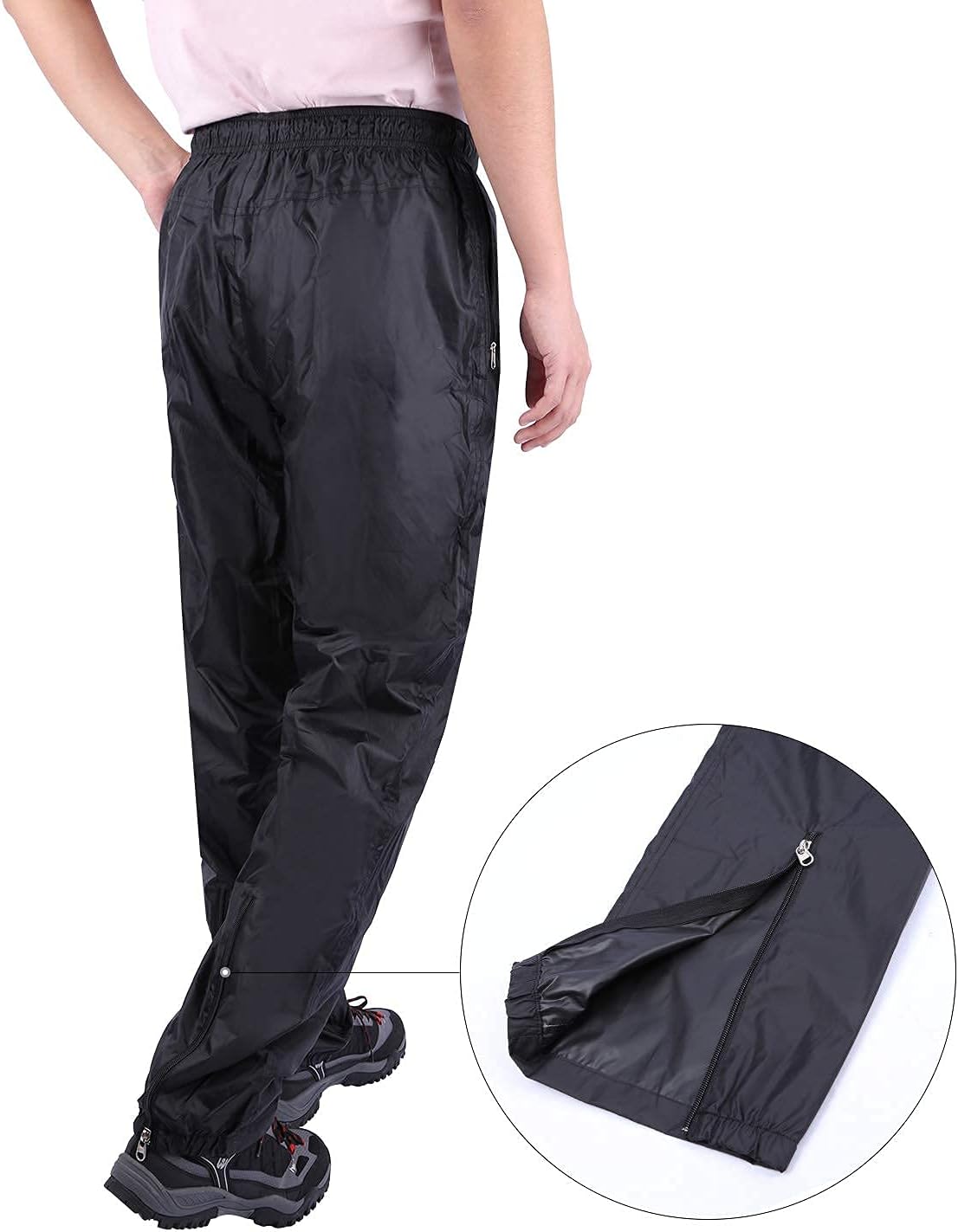 REDCAMP black unisex rain pants with ankle zipper detail